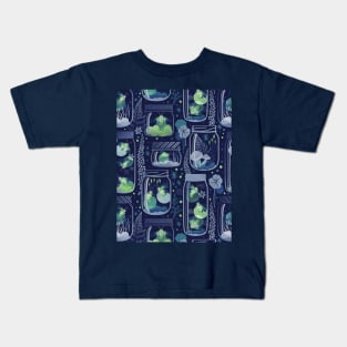 Glowing in the moss // pattern // blue background jars with lightning fireflies bugs quirky whimsical and bioluminescence lampyridae beetles Kids T-Shirt